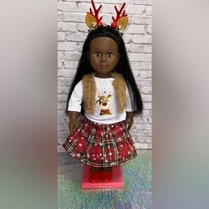 Our Generation 18" Doll by Battat Black Hair Brown Eyes Christmas Outfit Shoes